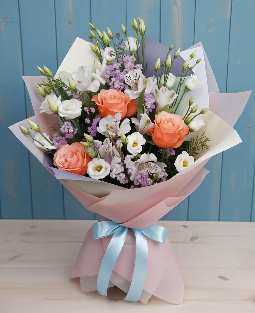Букет цветов из: Лизиантусы, Розы, Альстромерии и Гипсофила в Грэсовском