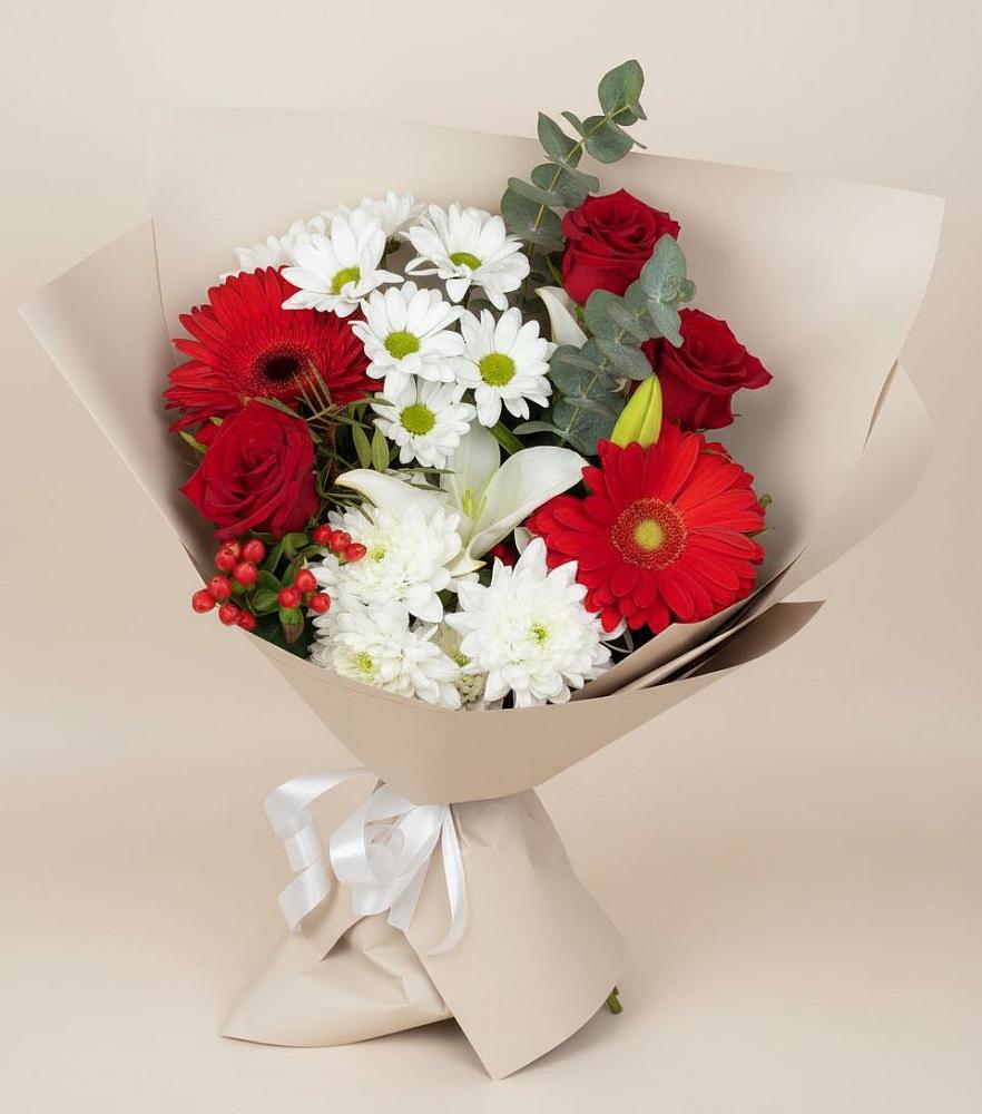 Букет цветов из: Розы, Хризантемы, Герберы и Лилии в Грэсовском