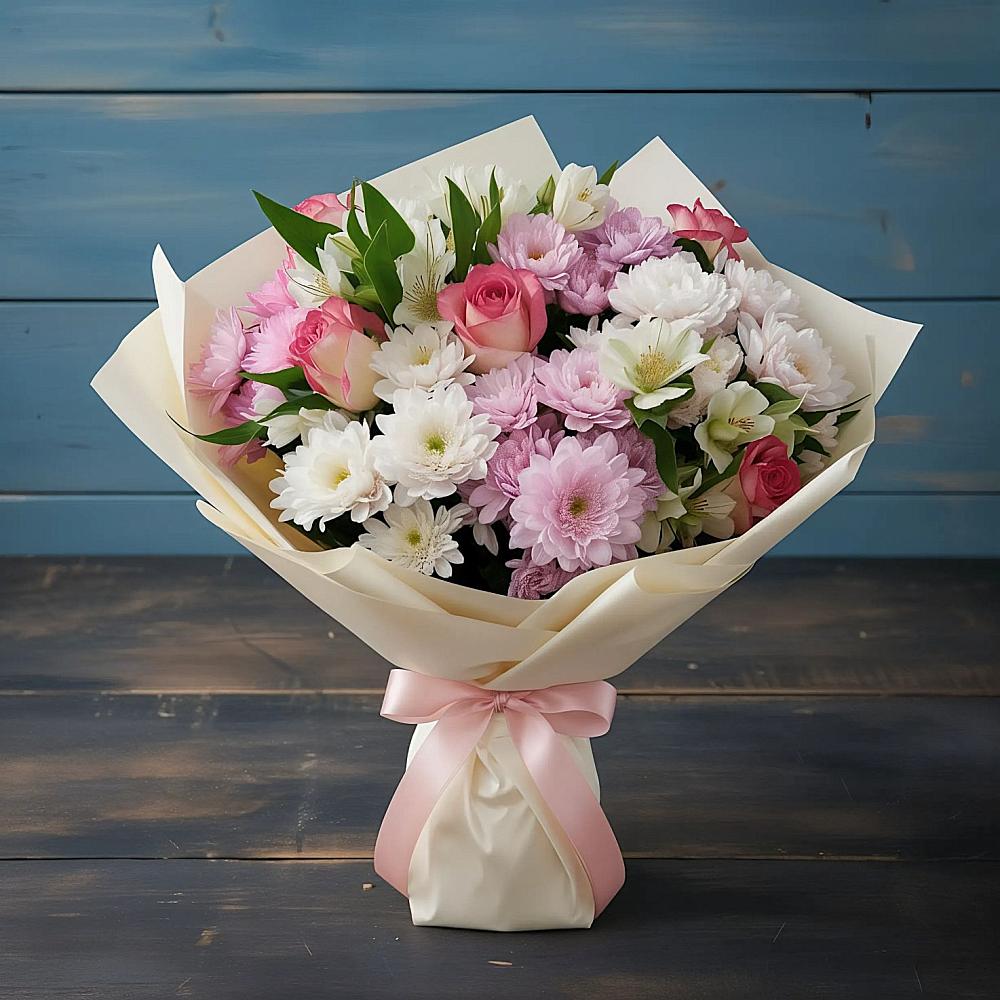 Букет цветов из: Хризантемы, Альстромерии и Розы в Грэсовском